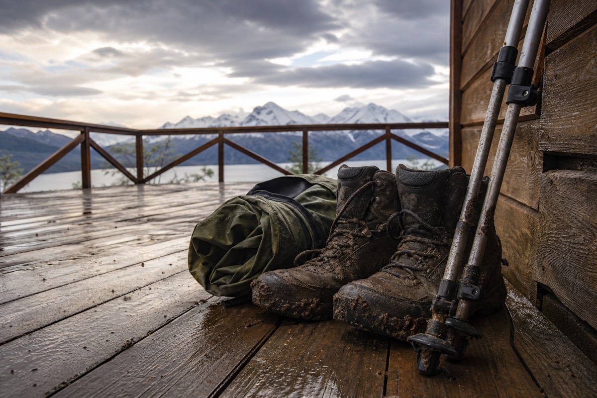 Worn hiking boots and trekking poles resting on a wooden refuge deck in Patagonia