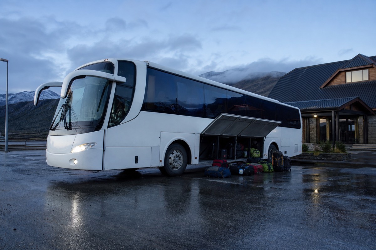 An early bus leaving Puerto Natales for the park