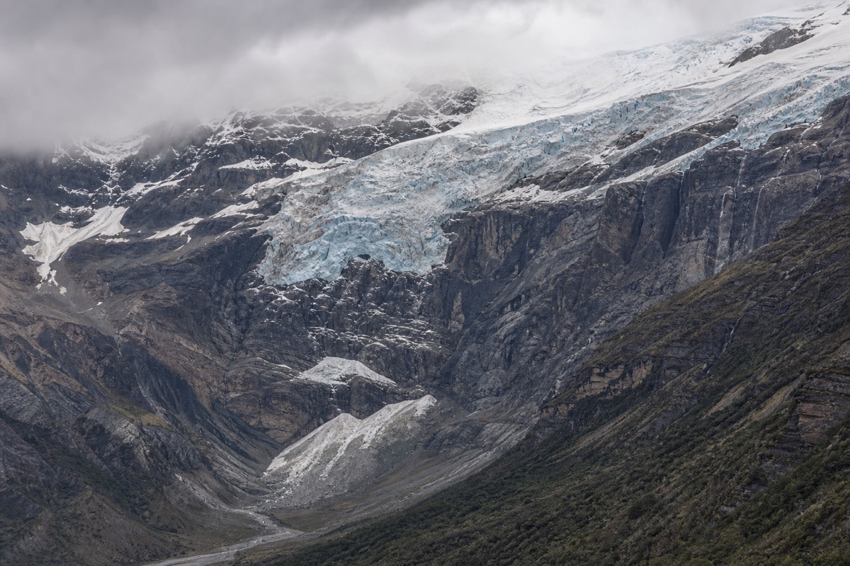 A hanging glacier on the steep flank above the French Valley in Torres del Paine