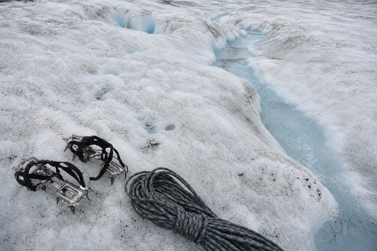Crampons on the fractured surface of Grey Glacier