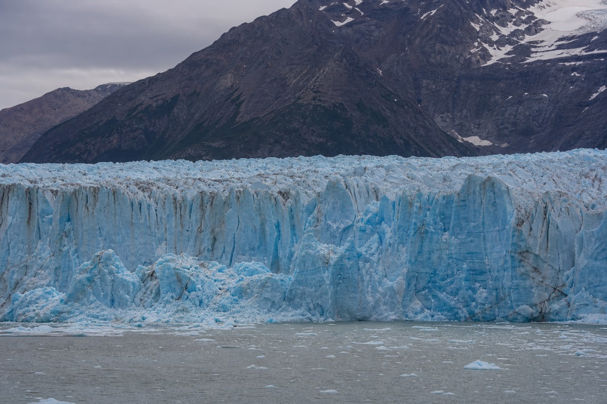 The blue calving face of Grey Glacier rising above the grey water of Lago Grey