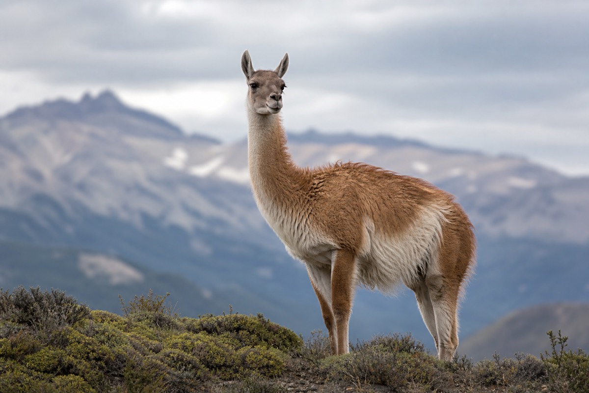 A guanaco standing on open grassland turning its head towards the camera