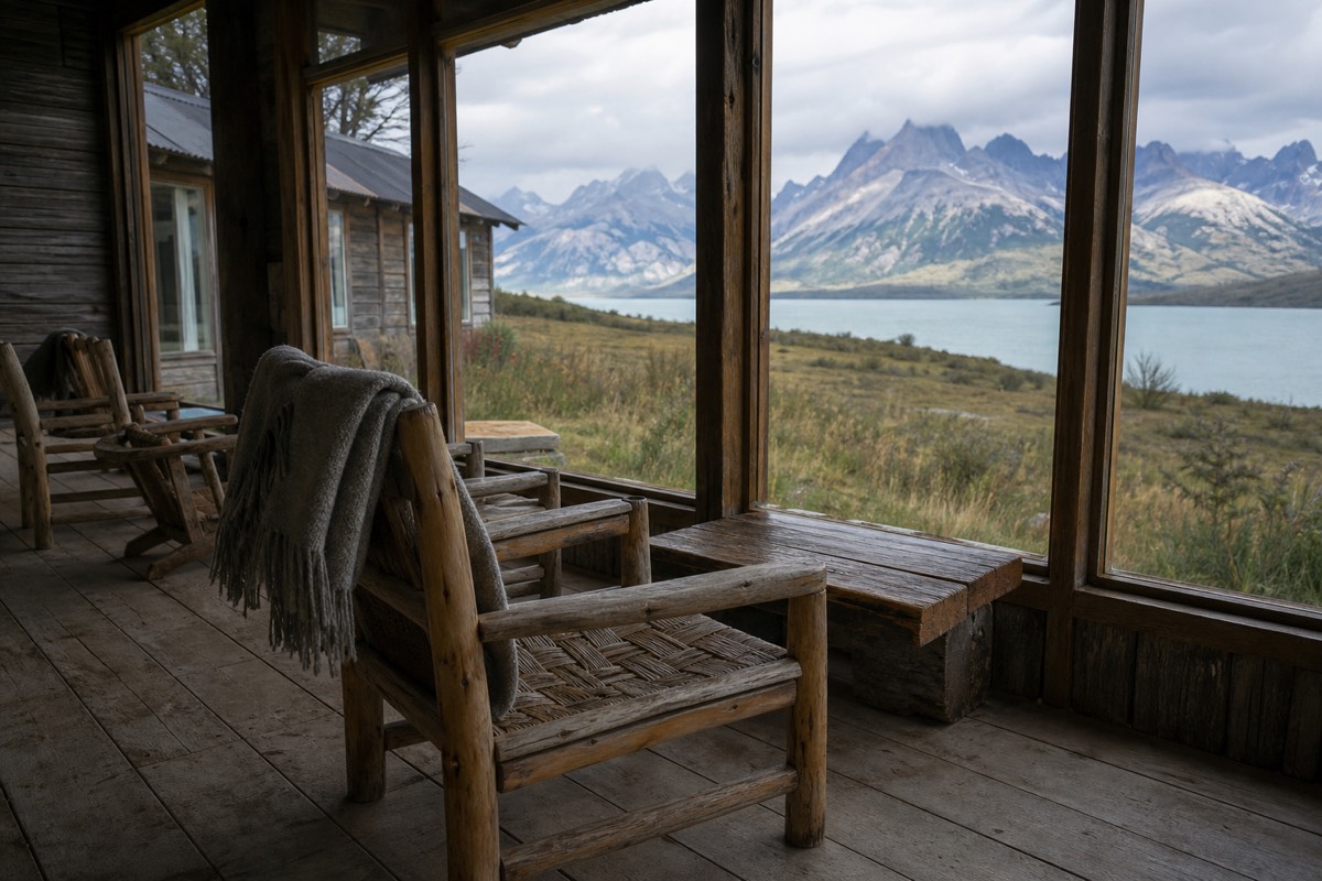 A lodge terrace looking out across open grassland towards the Paine massif