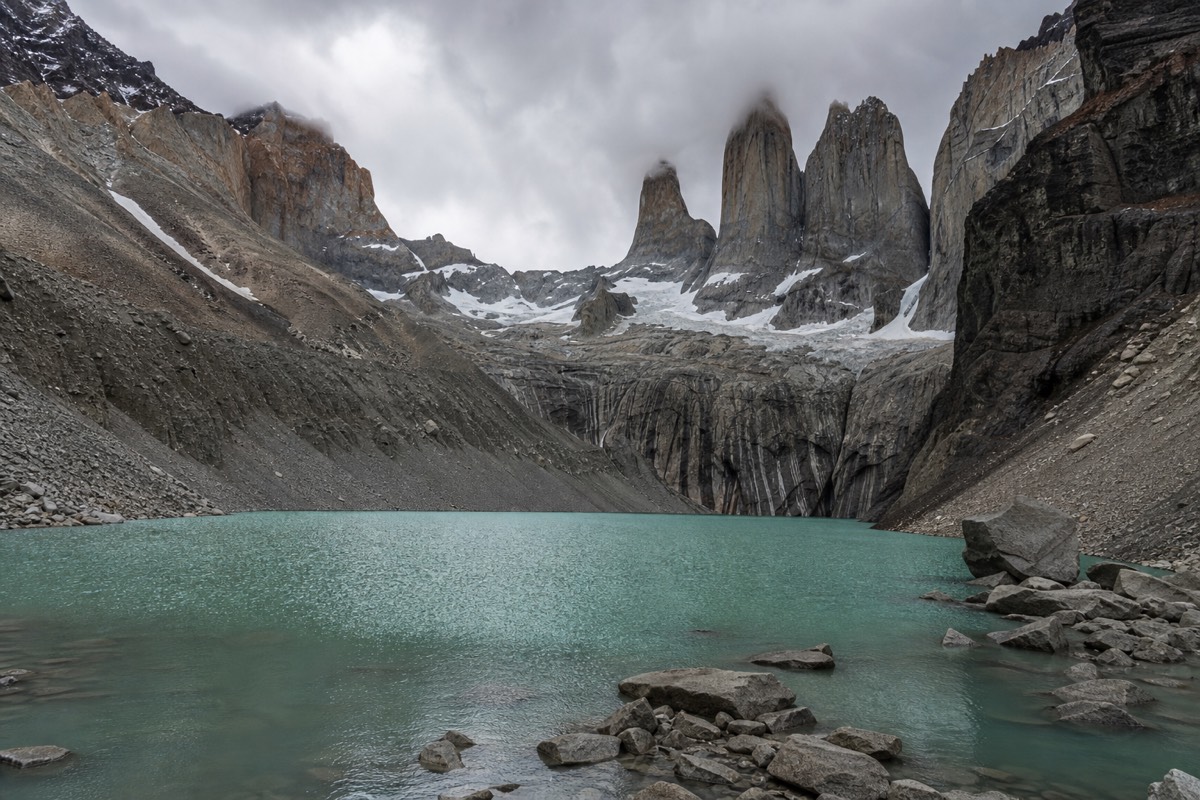 The lagoon beneath the three granite towers