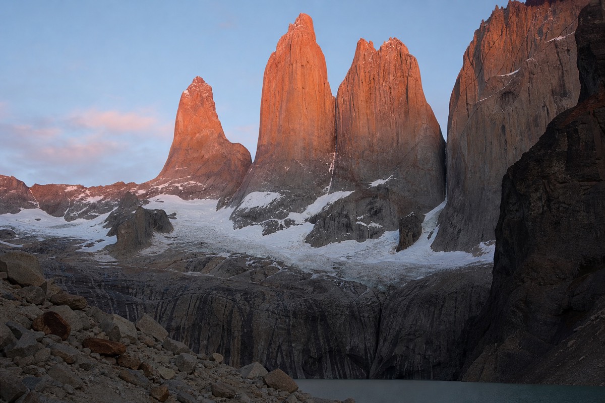 The lagoon beneath the three granite towers