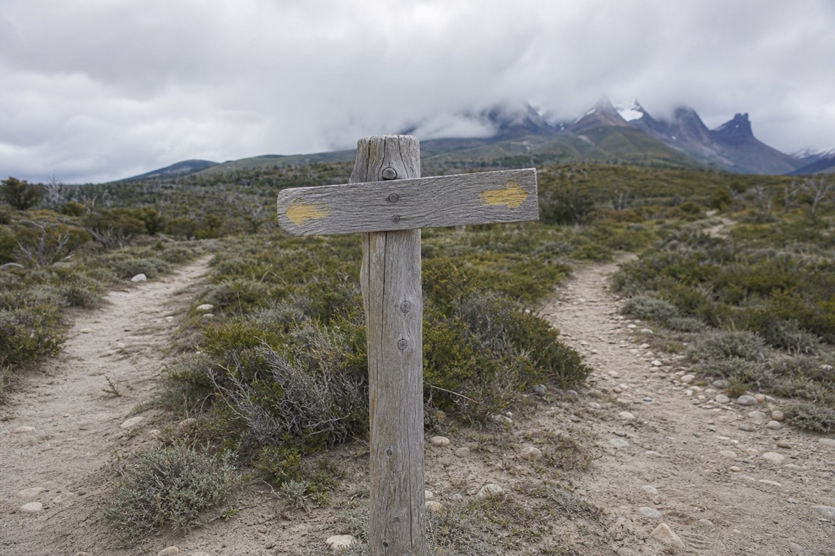 A wooden signpost marking a trail junction on the open Patagonian steppe