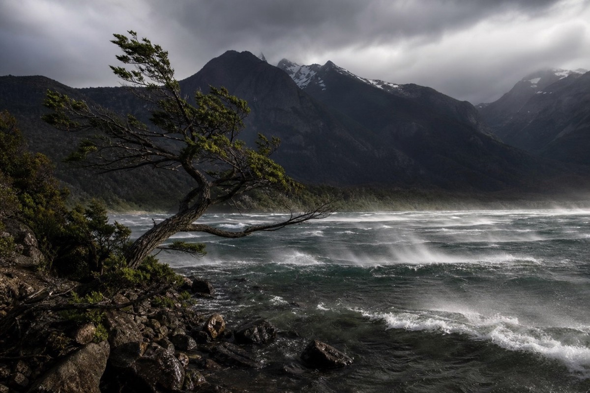 Wind tearing the surface off a Patagonian lake